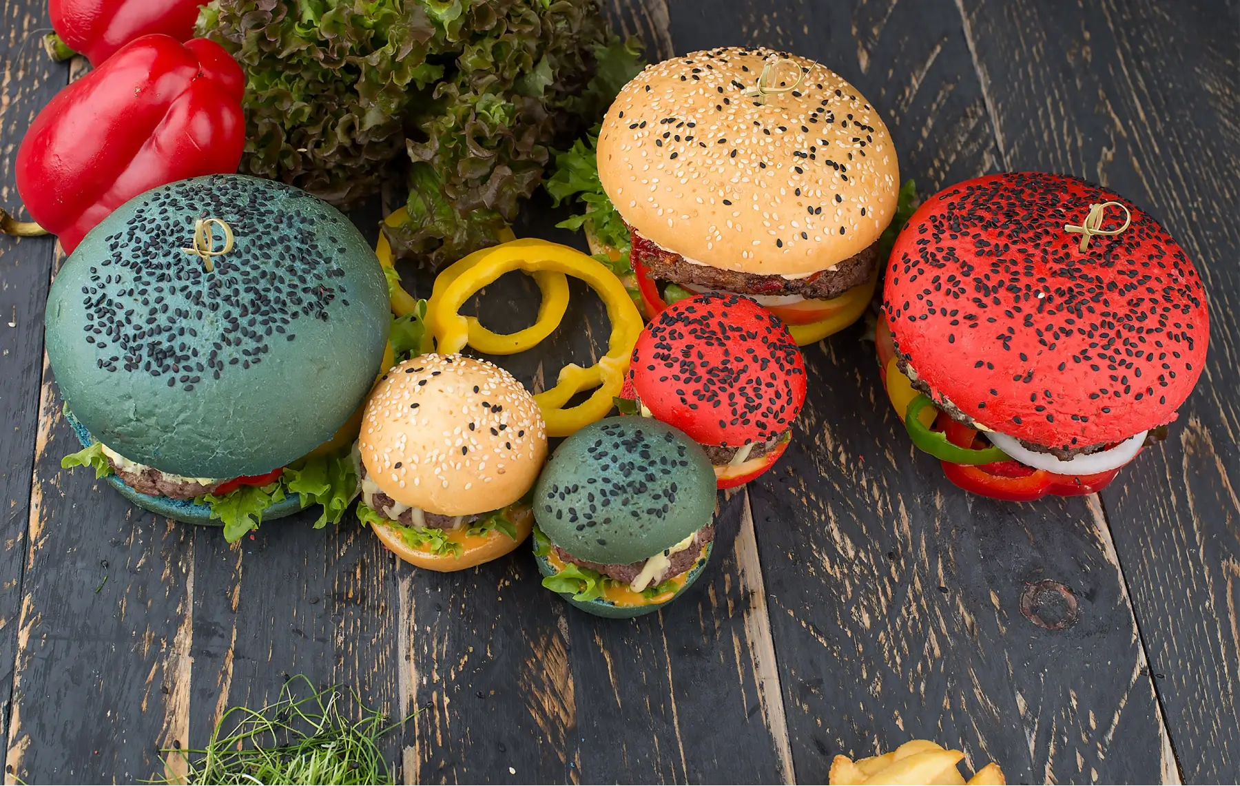 Colorful Burgers on Table